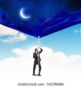 Image Of Businessman Pulling Banner With Illustration. Day And Night Concept