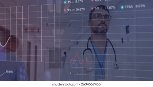 Image of businessman using smartphone and financial data processing over businesswoman. Global business digital interface technology and networking concept digitally generated image.