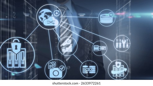 Image of businessman using touchscreen with network and security icons over processing data. Data security, global communication and digital interface concept digitally generated vi