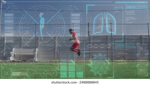 Image of businesswoman and on rugby over sports stadium. Medical research technology and sport concept digitally generated image. - Powered by Shutterstock