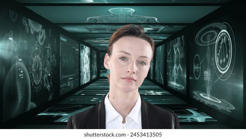 Image of businesswoman over screens with medical data processing. global technology, connections and data processing concept digitally generated image.