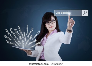 Image Of Businesswoman Showing Many Jobs On The Tablet While Pressing Virtual Job Search Button On The Virtual Screen 