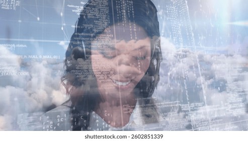 Image of businesswoman talking on phone headset with data processing against sky with clouds. digital interface global connection and communication concept digitally generated image.