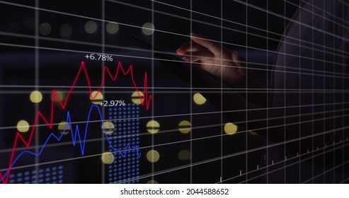 Image Of A Businesswoman Using A Digital Tablet With Stock Market Display With Stock Market Numbers And Graphs, Price Going Up And Down At The Stock Exchange. Finance Business Stock Market Growth