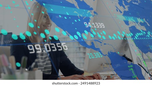 Image of businesswoman working in office over data processed. this image illustrates the concept of global data processing, graphs, and digital interfaces.