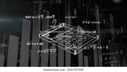Image of calculator and financial data processing over black background. Global education, business, finances, computing and data processing concept digitally generated image. - Powered by Shutterstock - Get 15% off with code: PIKWIZARD15