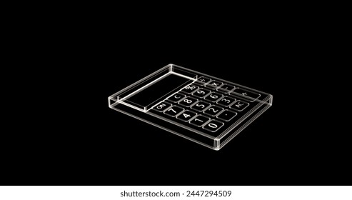 Image of calculator icon moving on black background. Education, learning, knowledge, science and digital interface concept digitally generated image.