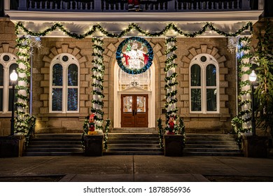 Image of the Capitol Building in Carson City Nevada, at night with Christmas Lights