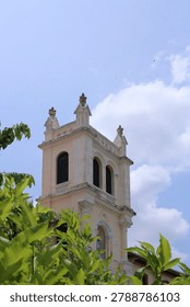 The image captures the bell tower of the Congregation of Divine Providence in Cu Lao Gieng, An Giang province, Vietnam, nestled among lush green trees. Surrounded by dense foliage, the tower appears to emerge naturally from the treetops, creating a harmonious blend of architecture and nature. 