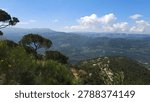 The image captures an expansive, sun-drenched panoramic view of the rugged topography of Mount Lebanon. In the immediate foreground, the vibrant yellow blossoms of Spanish Broom (Spartium junceum; French: Genêt d