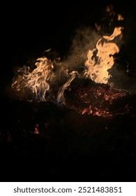The image captures a powerful bonfire burning through the night, illuminating the surrounding darkness. The flame symbolizes both the destructive and life-giving force of nature.