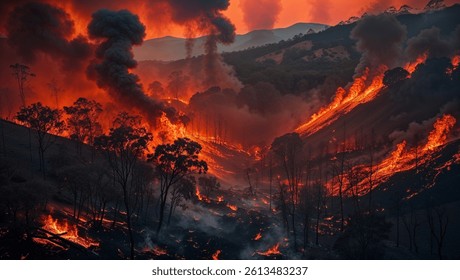 image capturing the intensity of a forest fire, with towering flames consuming trees and billowing smoke filling the sky.