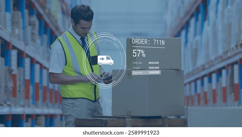 Image of car icon and data processing over caucasian male worker inspecting cartons in warehouse. Global business and digital interface concept digitally generated image. - Powered by Shutterstock - Get 15% off with code: PIKWIZARD15