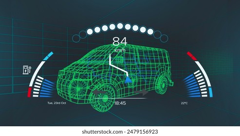 Image of car interface over digital van on black background. Global transport, travel and digital interface concept digitally generated image.
