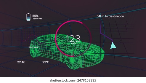 Image of car interface over digital car on black background. Global transport, travel and digital interface concept digitally generated image.