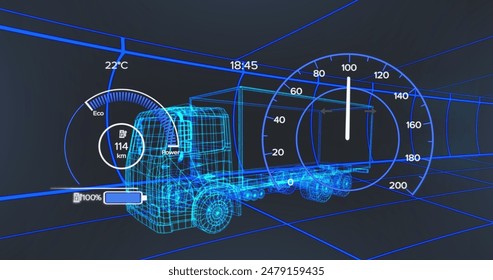 Image of car interface over digital truck on black background. Global transport, travel and digital interface concept digitally generated image. - Powered by Shutterstock