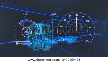 Image of car interface over digital truck on black background. Global transport, travel and digital interface concept digitally generated image.