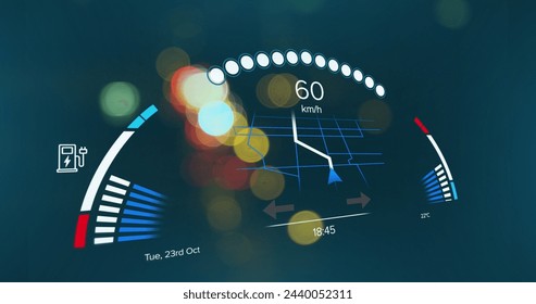 Image of car speedometer data processing over city streets. Global car travel, business, finances, computing and data processing concept digitally generated image.