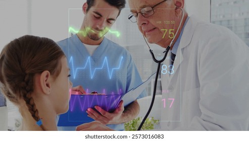 Image of cardiograph over caucasian male doctor examining his patient. Technology, medicine and digital interface concept digitally generated image. - Powered by Shutterstock - Get 15% off with code: PIKWIZARD15