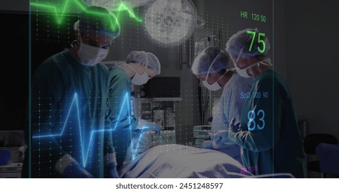 Image of cardiograph over diverse surgeons operating on patient at hospital. Medicine, healthcare and digital interface concept concept digitally generated image. - Powered by Shutterstock