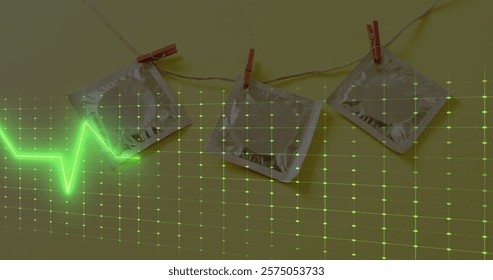 Image of cardiograph over protectives on yellow background. Global science, medicine, computing and digital interface concept digitally generated image. - Powered by Shutterstock - Get 15% off with code: PIKWIZARD15