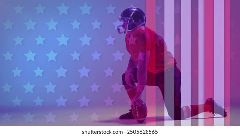 Image of caucasian american football player kneeling and flag of usa. American patriotism, sports and competition concept digitally generated image. - Powered by Shutterstock