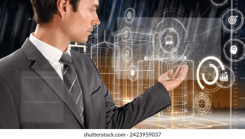 Image of caucasian businessman using touchscreen with diverse data and metaveres cityscape. Network, data processing, digital interface and technology concept digitally generated image. - Powered by Shutterstock