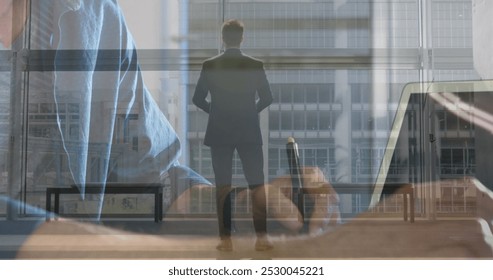 Image of caucasian businessman walking over businessman writing. Global business and digital interface concept digitally generated image. - Powered by Shutterstock