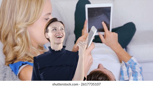 Image of caucasian businesswoman over caucasian couple using tablet and smartphone. global technology, data processing and digital interface concept digitally generated image.