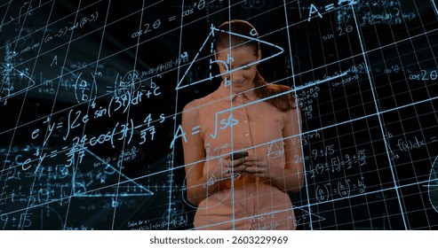 Image of caucasian businesswoman over mathematical equations on black background. global business, digital interface and technology concept digitally generated image.