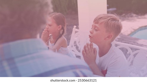 Image of caucasian family praying and having dinner. national siblings day and celebration concept digitally generated image. - Powered by Shutterstock