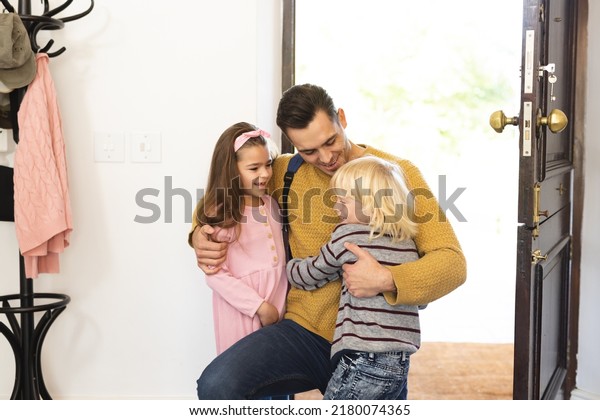 Image Caucasian Father Returning Home Work Stock Photo 2180074365 