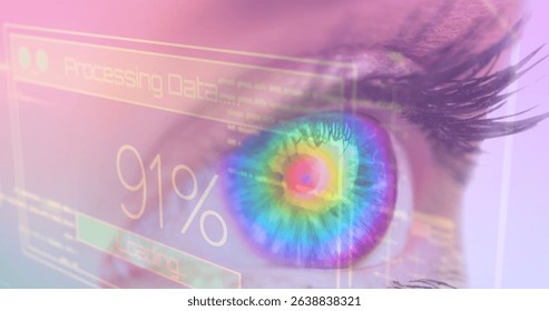 Image of caucasian female blue eye, business data processing on digital interface in foreground. Digital composite, multiple exposure, technology, analysis, finance, cloud computing, futuristic.