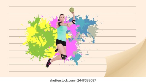 Image of caucasian female handball player holding ball over colorful stains. sports and competition concept digitally generated image. - Powered by Shutterstock