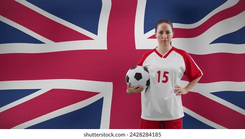 Image of caucasian female soccer player over flag of uk. Global sport, patriotism and digital interface concept digitally generated image. - Powered by Shutterstock