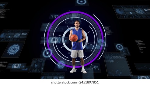 Image of caucasian male basketball player over scope scanning on black background. sport, connections and digital interface concept digitally generated image. - Powered by Shutterstock