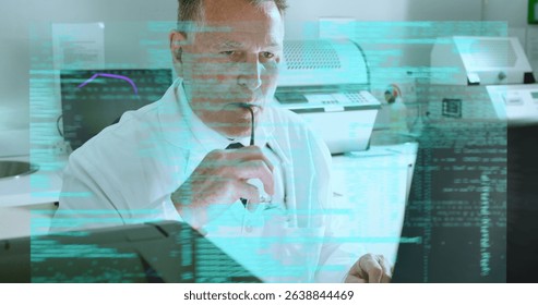 Image of caucasian male doctor over data processing. Global science and digital interface concept digitally generated image.