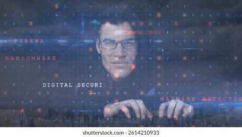 Image of caucasian male hacker and cyber attack warning over cityscape. global technology and data processing concept digitally generated image.