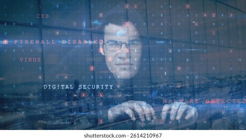 Image of caucasian male hacker and cyber attack warning over cityscape. global technology and data processing concept digitally generated image.