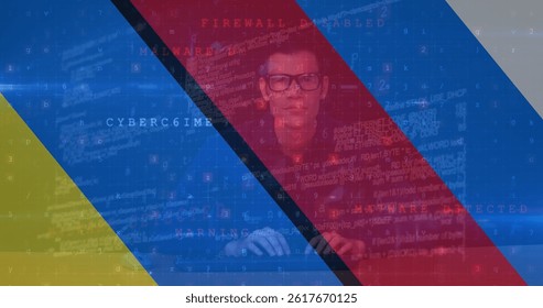 Image of caucasian male hacker and data processing over flag of ukraine and russia. ukraine crisis, cyber warfare and international politics concept digitally generated image.