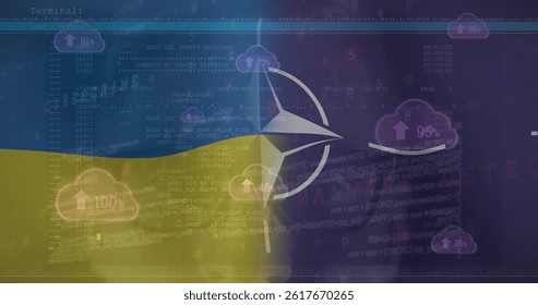 Image of caucasian male hacker and data processing over flag of nato and ukraine. ukraine crisis, cyber warfare and international politics concept digitally generated image.