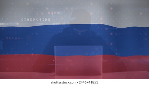 Image of caucasian male hacker over flag of russia. ukraine crisis, cyber warfare and international politics concept digitally generated image. - Powered by Shutterstock