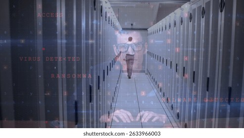Image of caucasian male hacker over man walking in server room. Computers, data processing and digital safety concept digitally generated image.