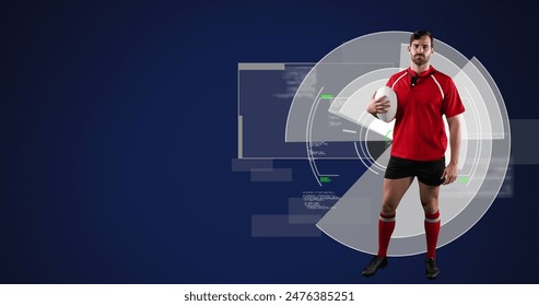 Image of caucasian male rugby player with ball over digital data processing on screen. global sports, competition and digital interface concept digitally generated image.