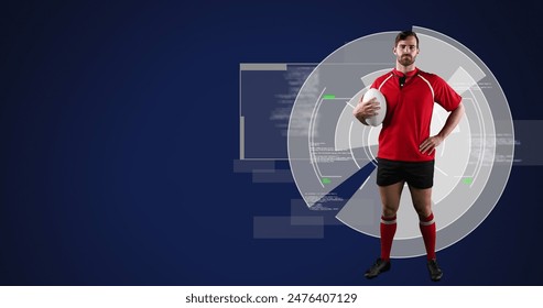 Image of caucasian male rugby player with ball over digital data processing on screen. global sports, competition and digital interface concept digitally generated image.