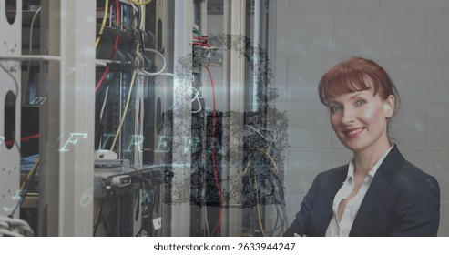 Image of caucasian man over server room. Global connections business digital interface technology and networking concept digitally generated image.