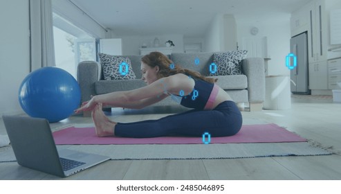 Image of caucasian woman exercising with laptop and binary coding data processing. Global exercise, fitness, computing, digital interface and data processing concept digitally generated image.