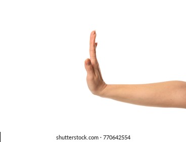 Image Of Caucasian Woman Hand Stop Palm Gesture Isolated On White Background