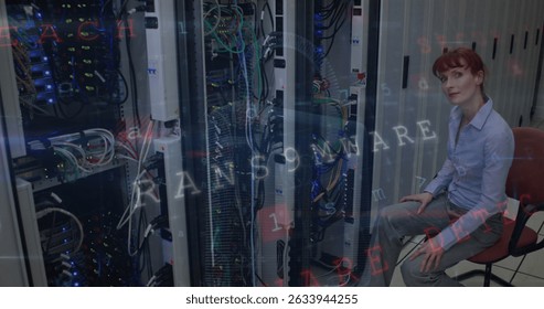 Image of caucasian woman over server room. Global data processing computing and digital interface concept digitally generated image.