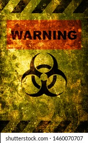 Image for caution. Warning Danger Biohazard sign word text as stencil with yellow and black   over rusty metal plate Rusted metal texture